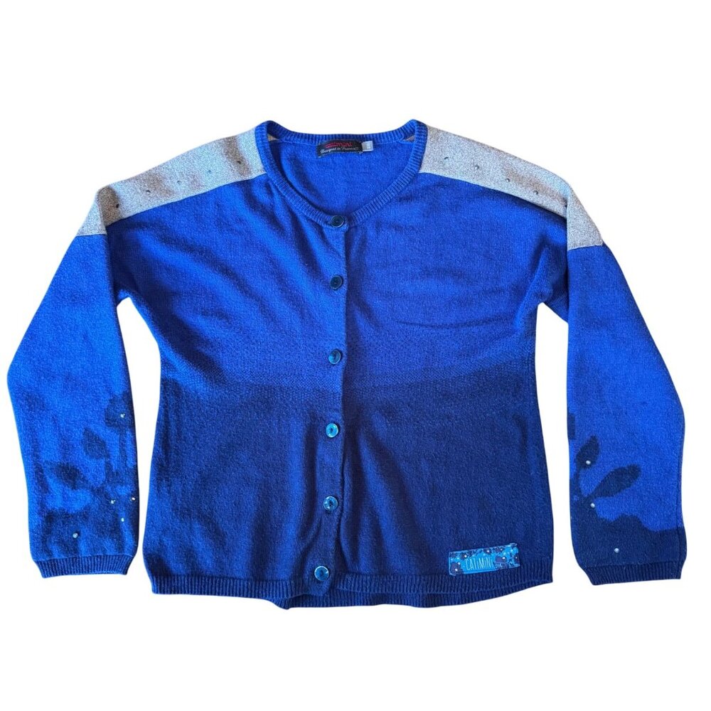 CATIMINI Blue Studded Ombre Cardigan Girls 8 128 Floral Sleeves Cotton Sweater